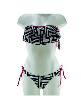 Damsel Womens Black & White Geometric Bandeau Bikini Set With Pink Trim - Size M